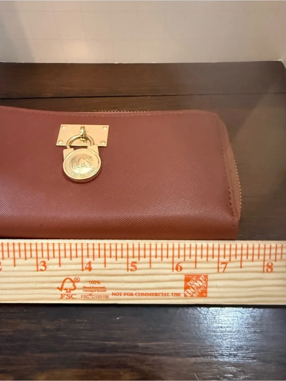 Michael Kors Saffiano Zip Wallet in Cognac Brown with Gold Hardware